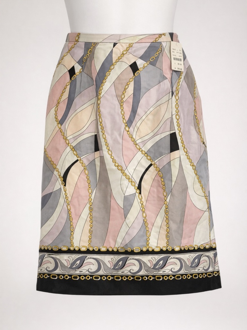 Isabel & Nina Vintage Satin Chain Print Skirt Size 4 Pink Gray Gold Lined NWT